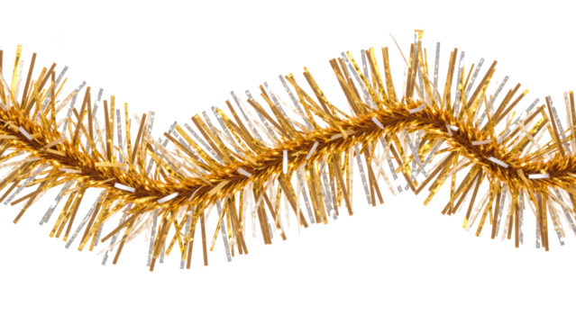 Shiny gold tinsel garland decoration for festive occasions, adding sparkle and charm to celebrations. Perfect for holiday decor and events