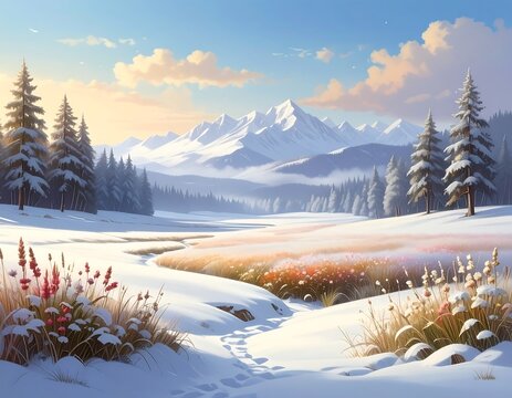 A serene winter scene with snow-covered trees and majestic mountains under a bright, partly cloudy sky. Fields - Powered by Adobe