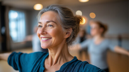 Adult in dance class learning contemporary movement, joy and presence, self care, dance therapy, expression, community, fitness, with copy space