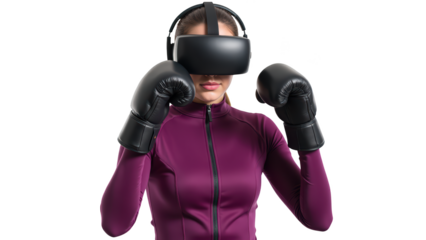 Virtual reality boxing experience with female participant wearing VR headset and boxing gloves, showcasing technology and fitness