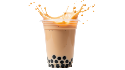Creamy beverage with tapioca pearls splashing, refreshing drink, sweet flavor, popular dessert, bubble tea, vibrant colors, fun presentation