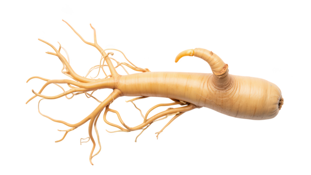 Ginseng root with long, branching roots, showcasing its unique shape and texture, often used in herbal medicine for health benefits
