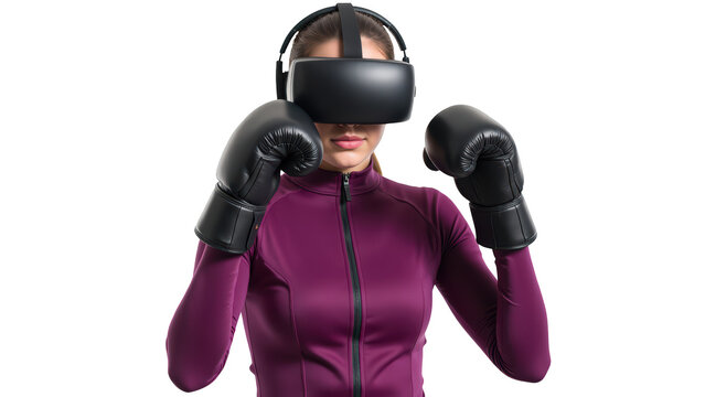 Virtual reality boxing experience with female participant wearing VR headset and boxing gloves, showcasing technology and fitness