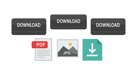 Three black download buttons are displayed above icons representing PDF, JPG, and general file downloads on a clean white background.