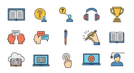 Colorful line art icons depicting diverse educational and learning concepts, including online studies, communication, and academic success.