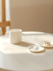 Minimal Café Table Setting with Coffee Mug and Dessert Plate in Soft Sunlight