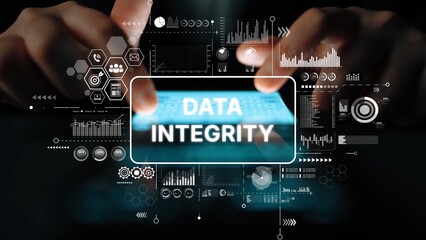 Hands Interacting with Digital Display Showcasing Data Integrity Concept and Analytics Metrics for Technology Themes. Asymptotic smart data analytic.