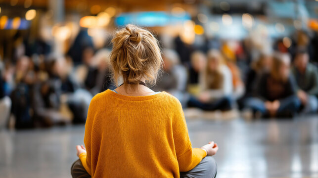 Public meditation flash mob sitting quietly in station hall, self care, stillness, community meditation, city life, awareness, with copy space