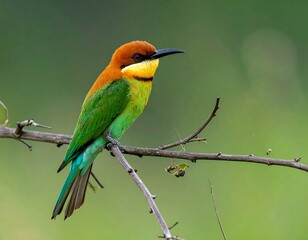 Colorful bird perched on a branch with a blurry green background