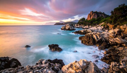 Coastal landscape captured during a long exposure at sunset, featuring rocks, clouds, and water