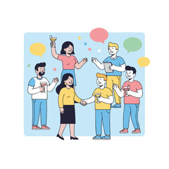 Diverse group of people celebrating a successful project completion indoors with drinks and colorful speech bubbles signifying communication and achievement