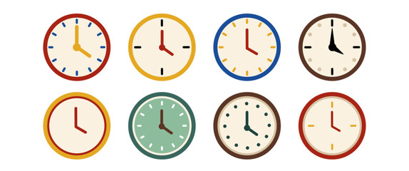 Flat Clock Illustration Set with Colorful Circular Designs