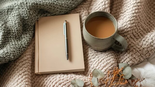 Notebook, pen, and coffee mug arranged on cozy knit fabric, a minimal workspace scene with soft light