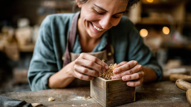 Adult in woodworking intro class sanding small box, self care, craft, hands on, learning, concentration, joy of making, with copy space