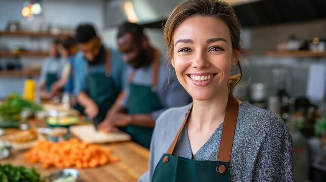 Community kitchen teaching knife safety, smiles and aprons, self care, cooking, learning, empowerment, healthy habits, with copy space