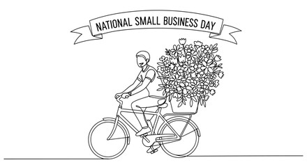 National Small Business Day celebration with a cheerful person riding a bicycle laden with a large bouquet of flowers, symbolizing entrepreneurship and local commerce, rendered in a clean, minimalist