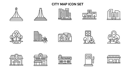 City Map Icon Set: A comprehensive collection of outline icons representing urban landmarks, including monuments, skyscrapers, parks, hospitals, gas stations, and restaurants, perfect for navigation