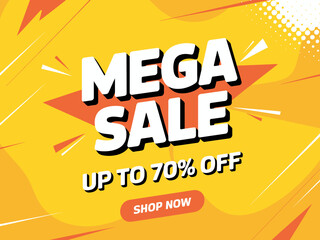 A bold and engaging promotional poster for a mega sale, highlighting discounts, engaging design elements, and vibrant colors to attract attention to online shopping.