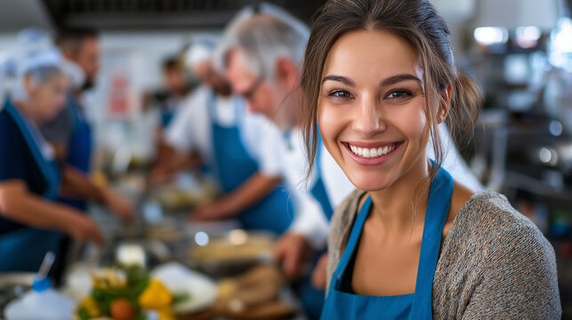 Community kitchen teaching knife safety, smiles and aprons, self care, cooking, learning, empowerment, healthy habits, with copy space