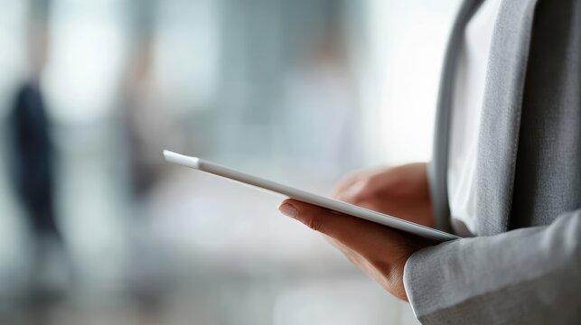 Businesswoman presenting financial report on tablet to team, natural office light, - Powered by Adobe