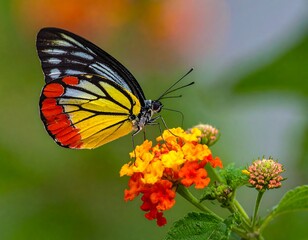 Colorful butterfly with intricate wing patterns perched on vibrant orange and yellow flowers