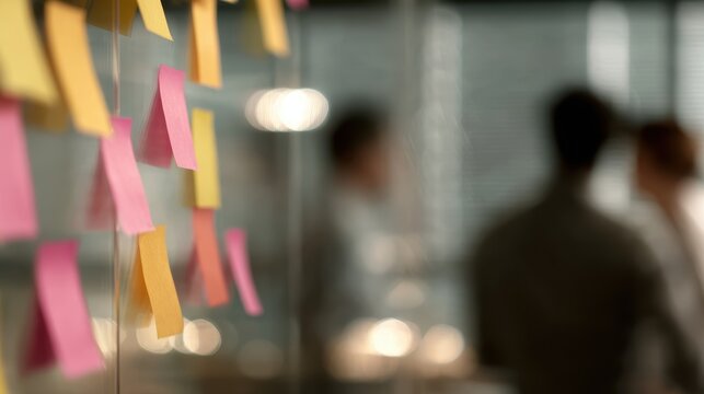 Team brainstorming in creative workspace with sticky notes on glass wall, energetic collaboration,