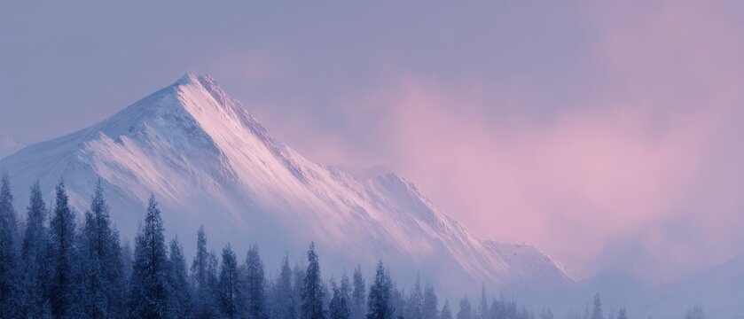 Snow-covered mountain landscape with pink sunrise light, soft clouds and pine forest, ultra-detailed cinematic scene, - Powered by Adobe