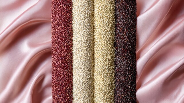 A vibrant display of colorful quinoa grains arranged on silk fabric.