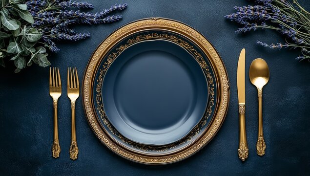 Elegant navy and gold place setting with lavender accents for luxurious dining and special occasions creating a refined and memorable experience for guests
