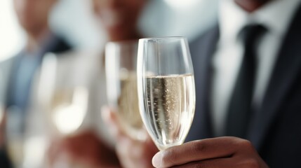 Business team celebrating project completion with champagne, festive corporate moment,