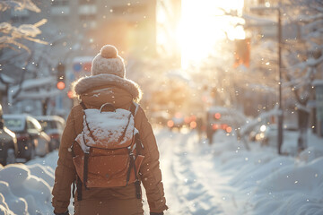 夕暮れの雪道を歩く日本人の後ろ姿　冬の旅と日常の情景