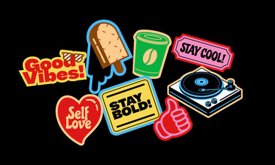Positive Pop Art Stickers: Self-Love, Good Vibes, and Stay Cool Retro Badges