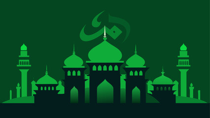 Obraz premium Green mosque silhouette with arabic sign