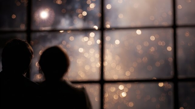 Fireworks viewed through a window with reflection of a couple watching inside, cinematic storytelling composition,