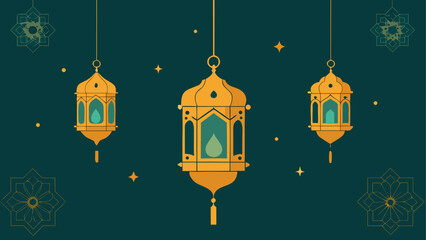 Three lanterns hanging on a teal background