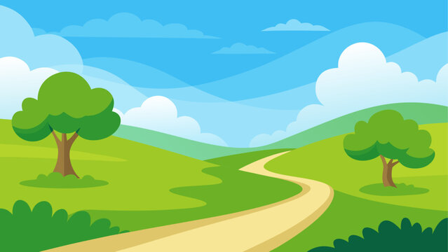 Cartoon landscape with path and trees view