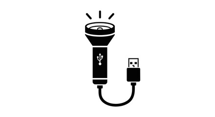Set of camping flashlight related line icons, outline signs for graphic and web design, apps, adverts, various cards, vector cartoon illustration with USB charging port and cable, modern technology