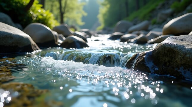 Closeup view of a clear stream flowing over rocks in a lush green forest during the day