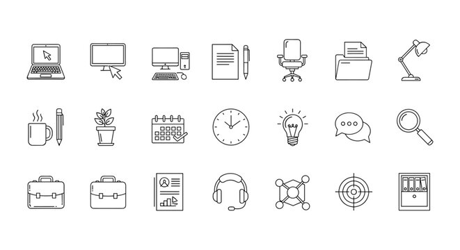 A comprehensive collection of outline icons representing various aspects of a modern workspace, including technology, office supplies, and business concepts. This editable stroke vector illustration
