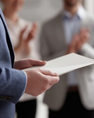 Employee receiving award or recognition in office, colleagues applauding, corporate success concept,