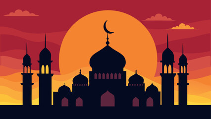 Silhouette of a mosque against sunset sky