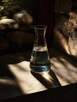 Glass bottle on a stone surface lit by natural window light, creating a rustic and contemplative scene