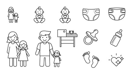 Modern outline style icons depicting family life and baby essentials, including parents with children, babies, diapers, a changing table, pacifier, baby bottle, footprints, and a heart symbol
