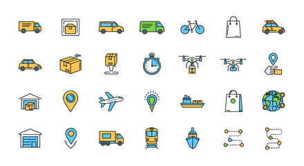 Fototapeta premium Vibrant and Modern Outline Style Icons Representing Delivery and Transportation: Cars, Trucks, Vans, Airplanes, Drones, Ships, Trains, Bicycles, Warehouses, Packages, Shopping Bags, Stopwatches, and