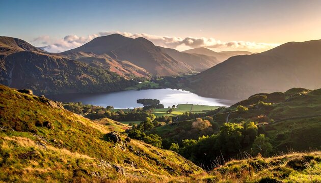 A scenic vista showcasing a tranquil lake nestled amidst rolling hills and majestic mountains under a soft, golden sunset