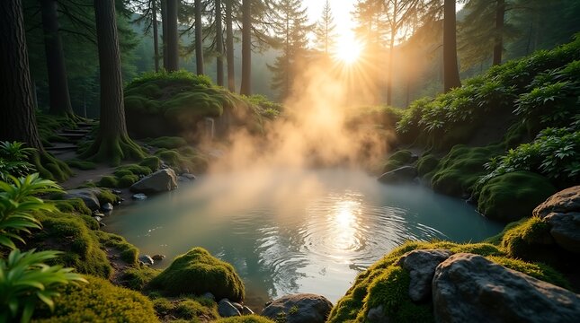 Golden autumn leaves gently floating on the reflective surface of a misty lake