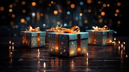 Gift boxes with ribbons on a dark background with bokeh. Christmas Presents. Christmas Gifts. Merry Christmas Concept. Happy New Year Concept.