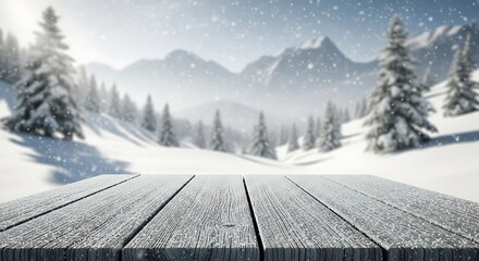 Winter mountain landscape with snow covered trees and wooden table foreground