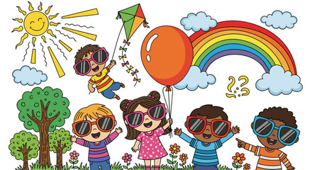 Vibrant hand-drawn doodle illustration of diverse children enjoying a sunny day outdoors, wearing sunglasses, flying a kite, holding a balloon, with a rainbow and cheerful sun in the background
