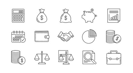 A comprehensive set of line icons representing accounting, auditing, and taxes, featuring a calculator, money bags, piggy bank, financial report, calendar, wallet, handshake, pie chart, stacked